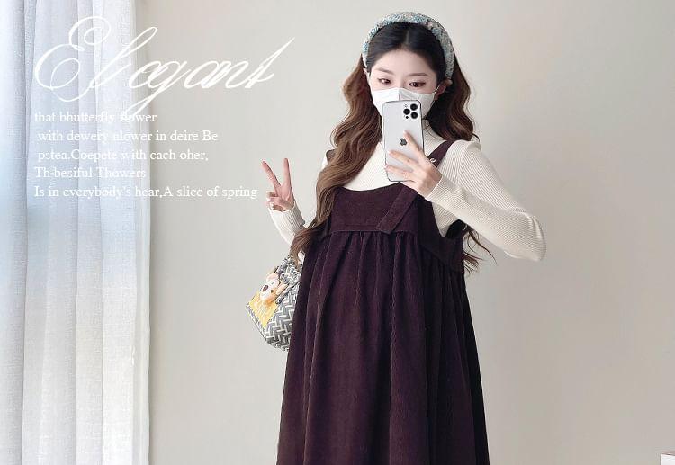 Maternity Long-Sleeve Mock Neck Plain Knit Top / Corduroy Midi A-Line Dungaree Dress / Set Product Image