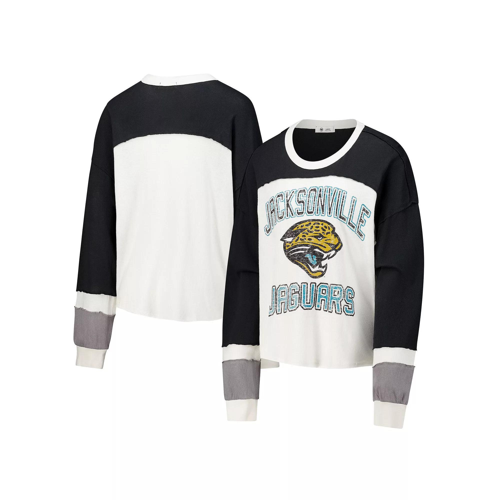 Women's '47 Cream Jacksonville Jaguars Double Header Curve Raglan Long Sleeve Crop Top, Size: XL, Beige Product Image