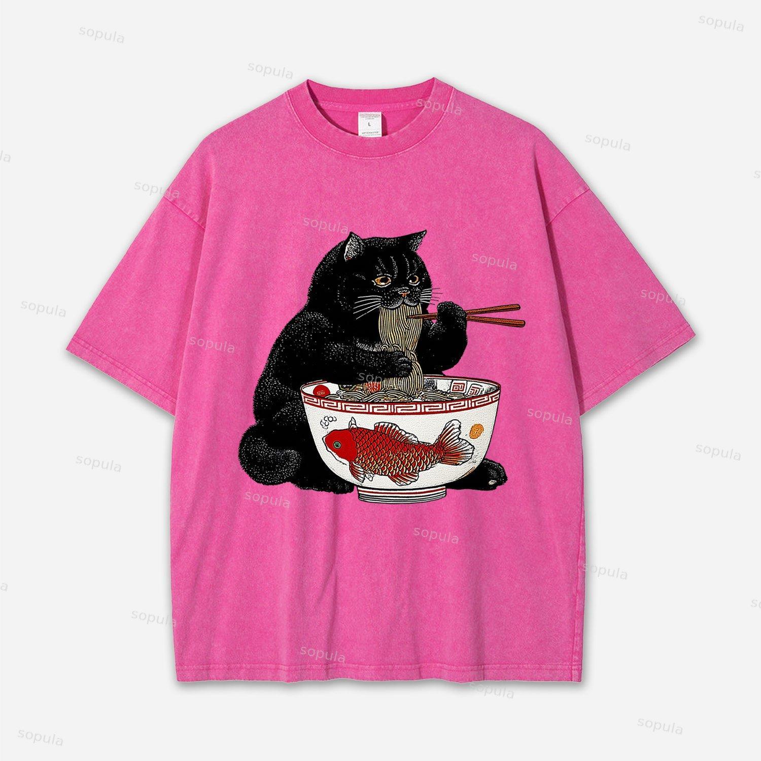 Fat Cat Eating Ramen Acid Washed T-shirt Product Image
