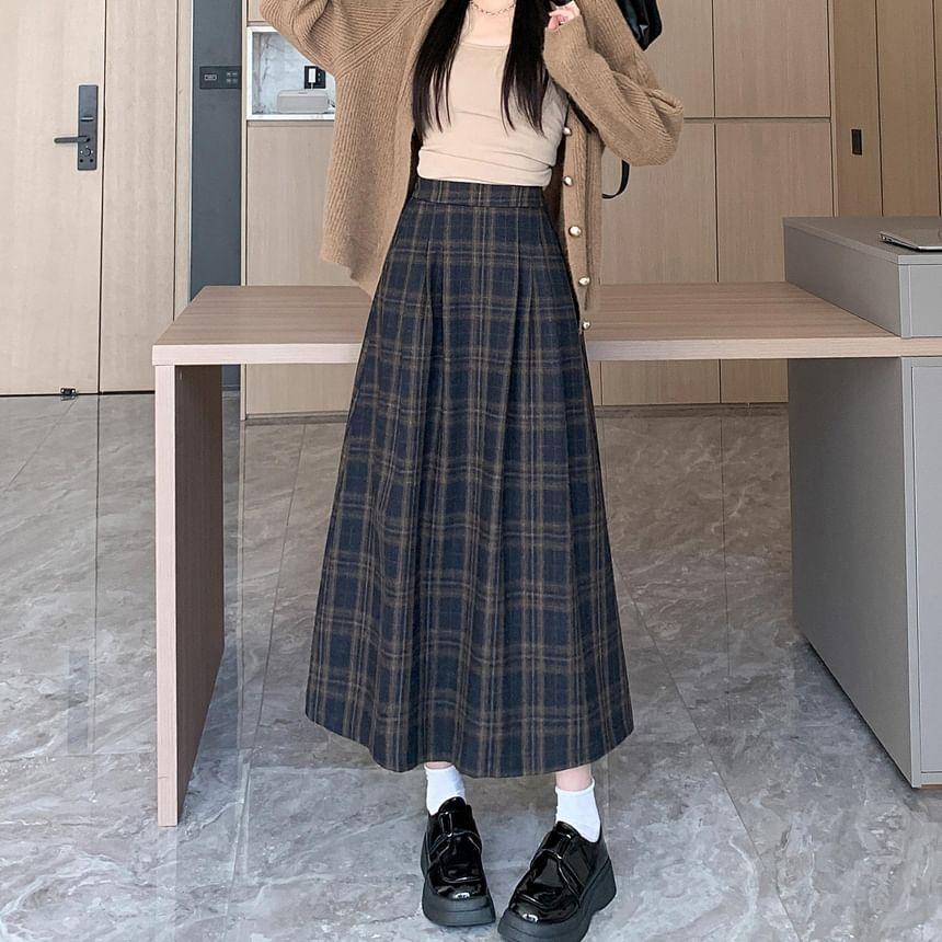 Elastic Waist Plaid Midi A-Line Skirt Product Image