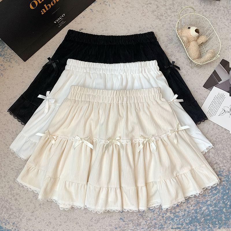 High Waist Plain Bow Lace Trim Mini A-Line Skirt Product Image