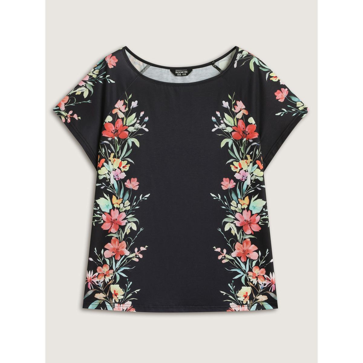 Plus Size Floral Print Solid Round Neck T-Shirt Black Women Leisure Contrast Round Neck Casual T-shirts BloomChic 10/M Product Image