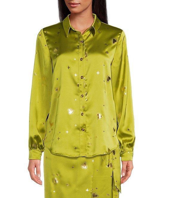 Never Fully Dressed Gabbie Lime Hearts Satin Point Collar Neck Long Sleeve Button Front Top Product Image