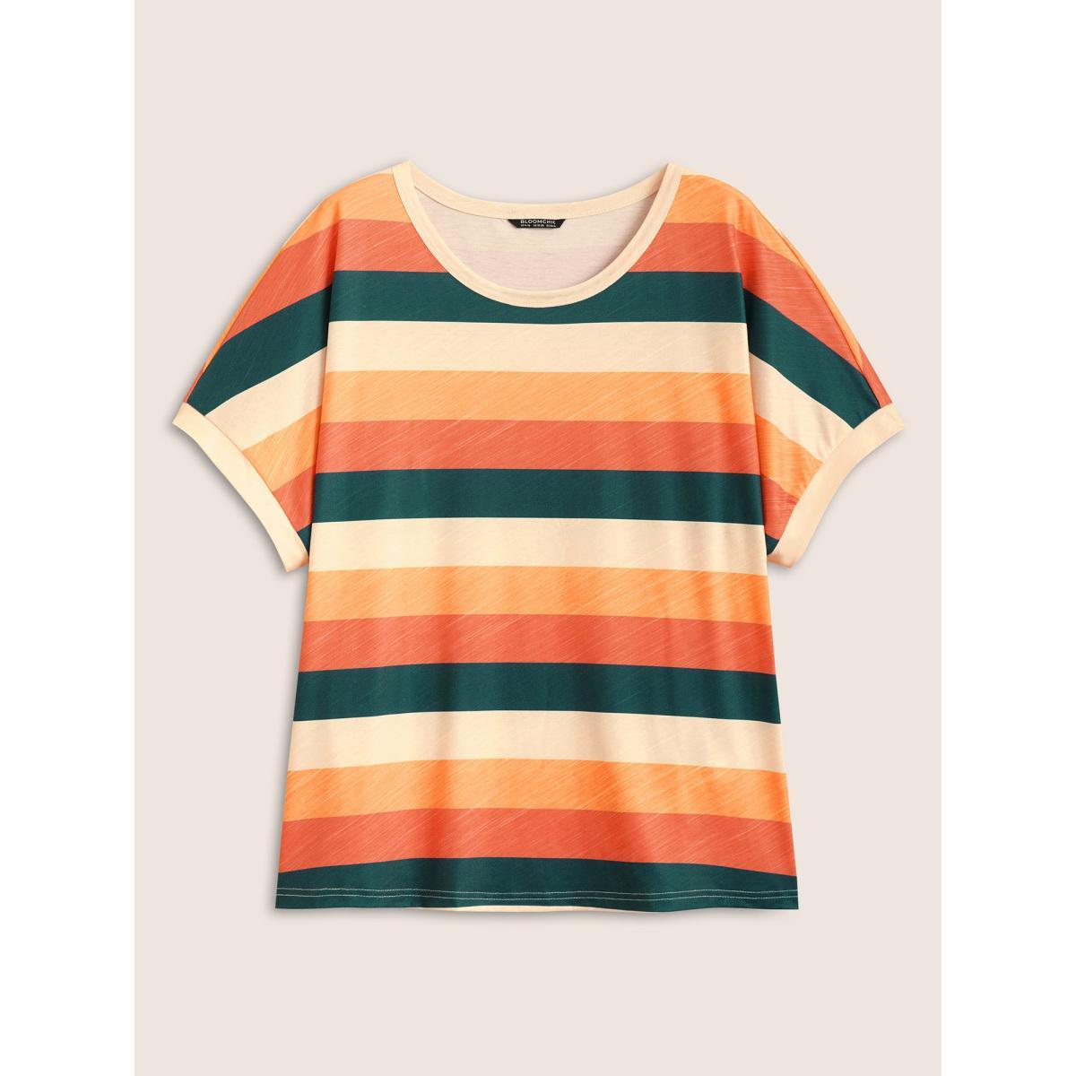 Plus Size Colored Striped Crew Neck Batwing Sleeve T-shirt Multicolor Women Casual Contrast Round Neck Everyday T-shirts BloomChic 28/5X Product Image