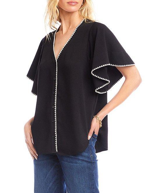 Karen Kane Flutter Sleeve Edge Stitch Butt Front Top Product Image