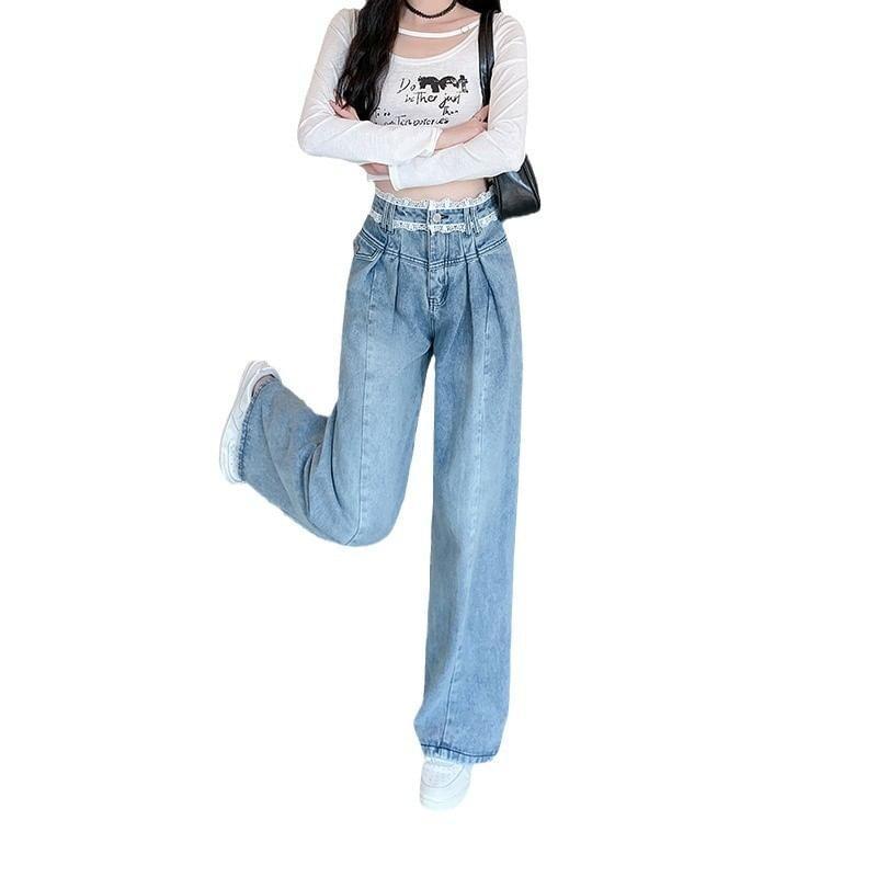 High-Waist Lace Trim Loose Fit Straight Leg Jeans Product Image