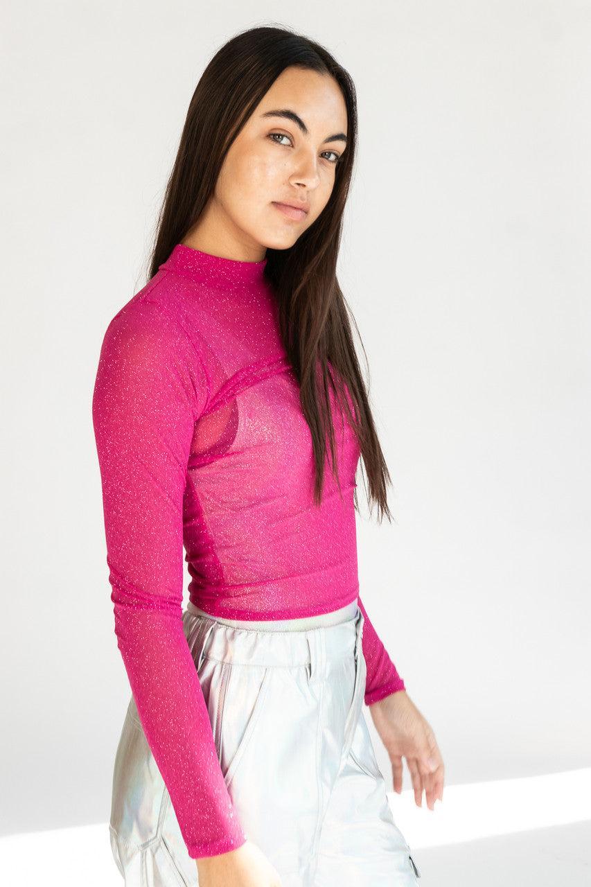 Fuchsia Glitter Mock Neck Long Sleeve Top Product Image