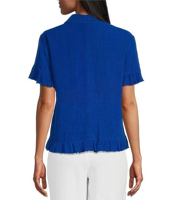 Multiples Textured Slub Woven Point Collar Short Sleeve Ruffle Detail Fitted Button Front Jean Jacket Product Image