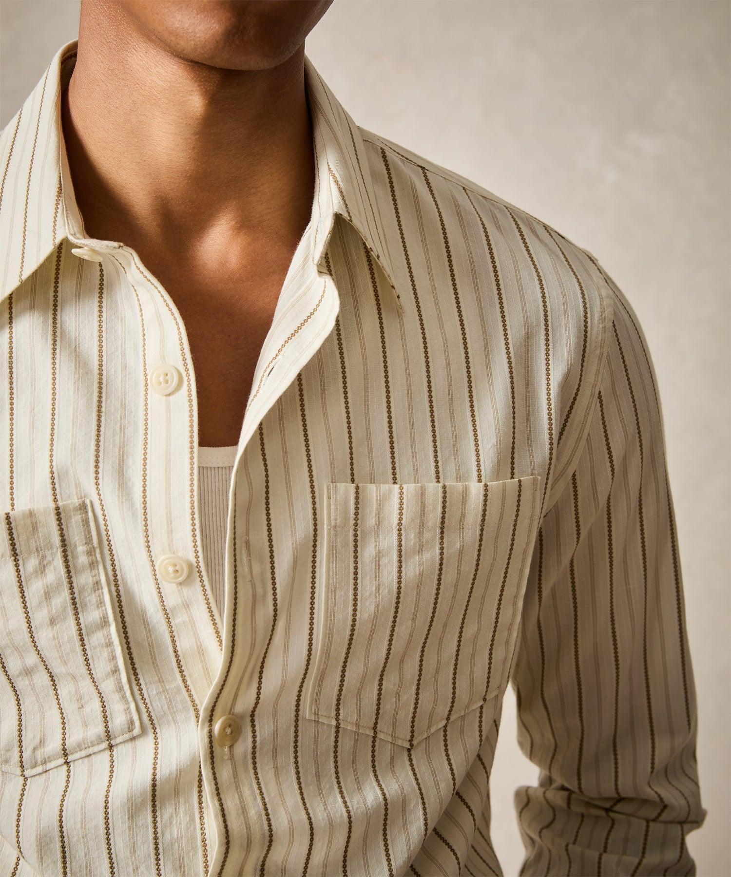 Classic Fit Dobby Two-Pocket Point Collar Shirt in Khaki Stripe Product Image