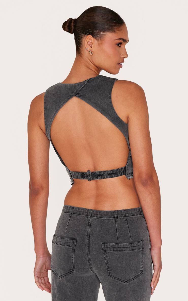 Washed Black Raw Hem Cut Out Back Denim Vest Product Image