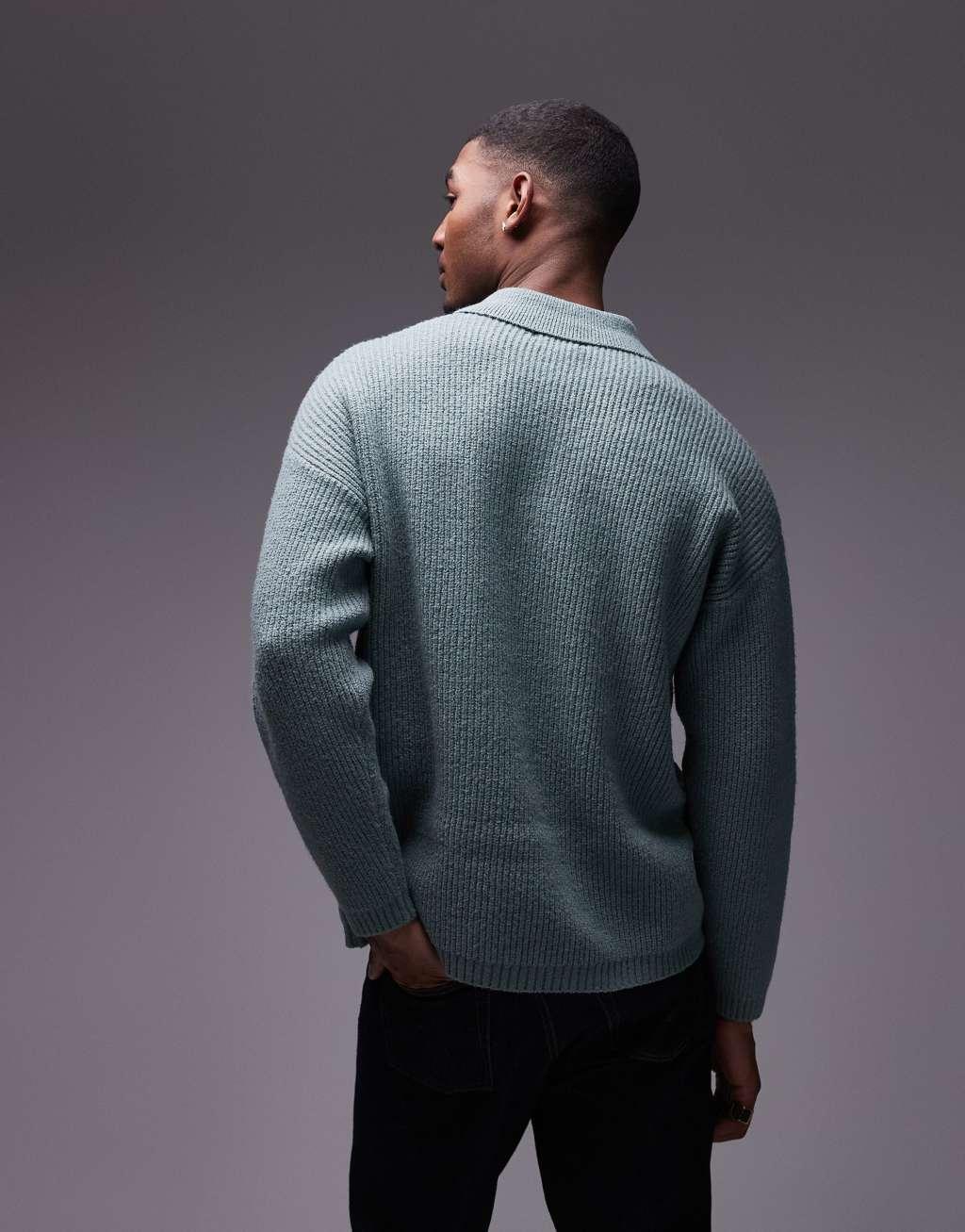 Topman relaxed fit compact knit polo sweater in sage Product Image