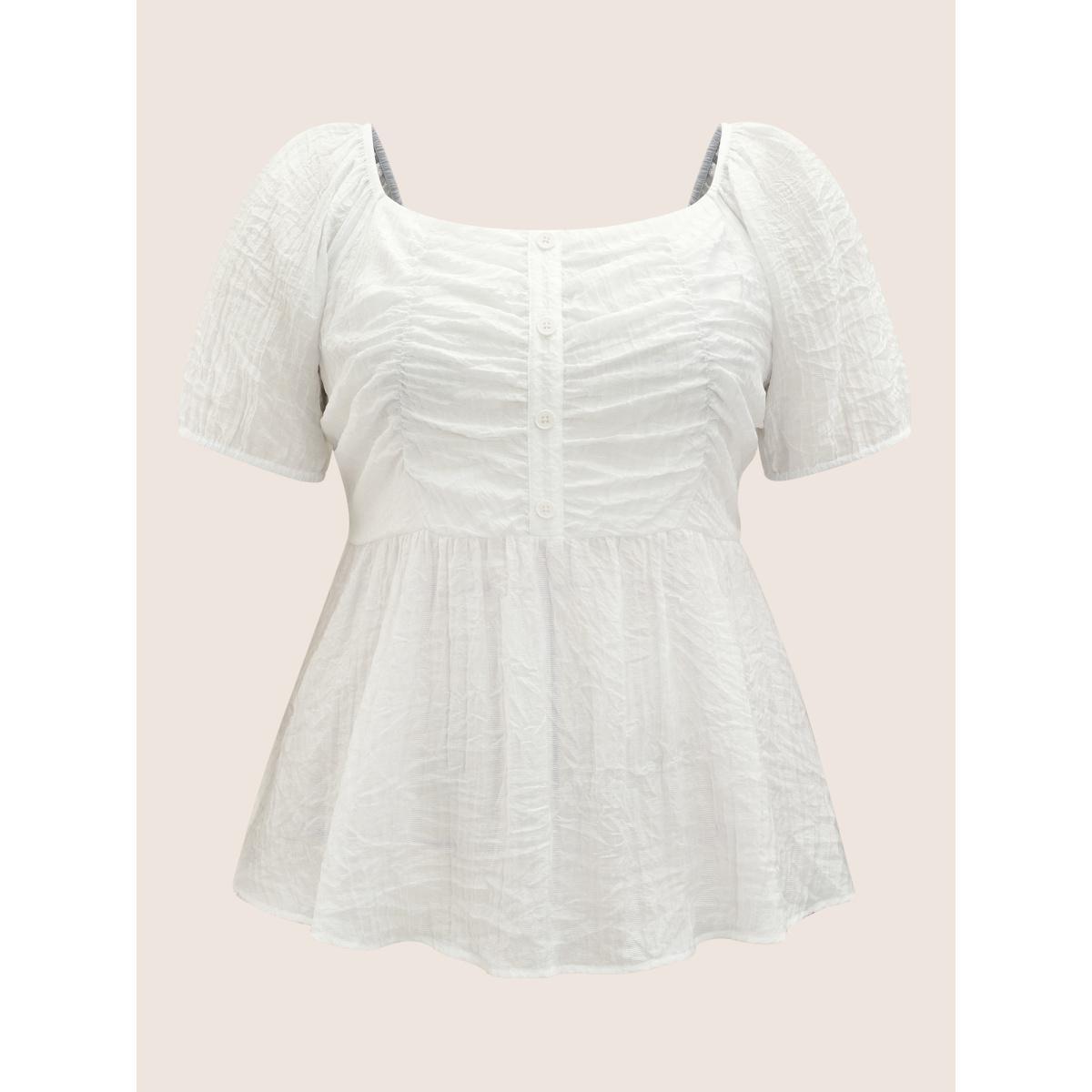 Plus Size Originalwhite Square Neck Shirred Button Detail Lantern Sleeve Blouse Women Elegant Short sleeve Square Neck Everyday Blouses BloomChic 12/L Product Image