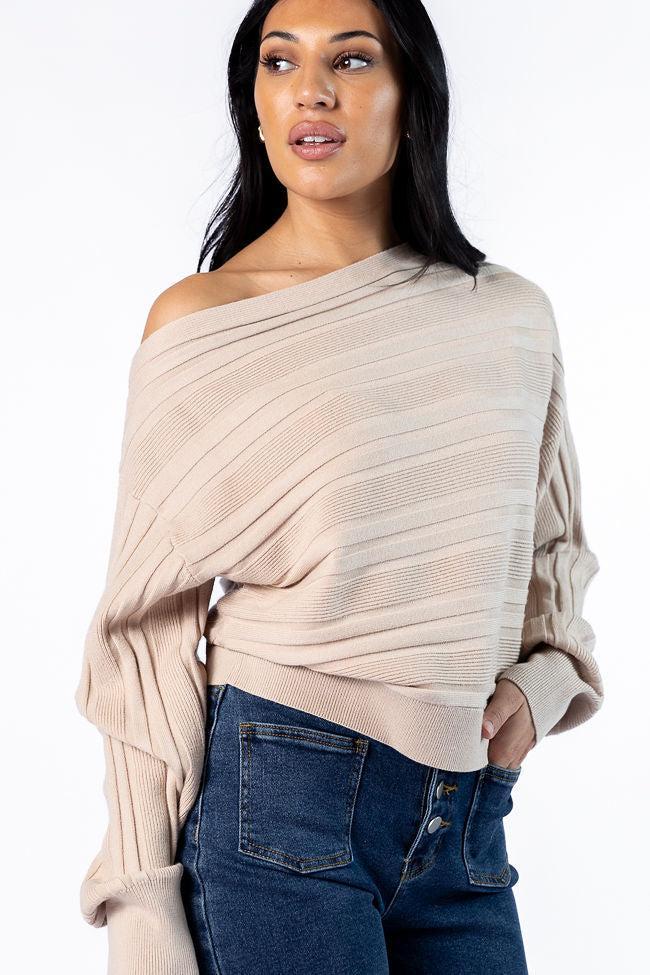 Feels Right Beige Off The Shoulder Ribbed Sweater Product Image