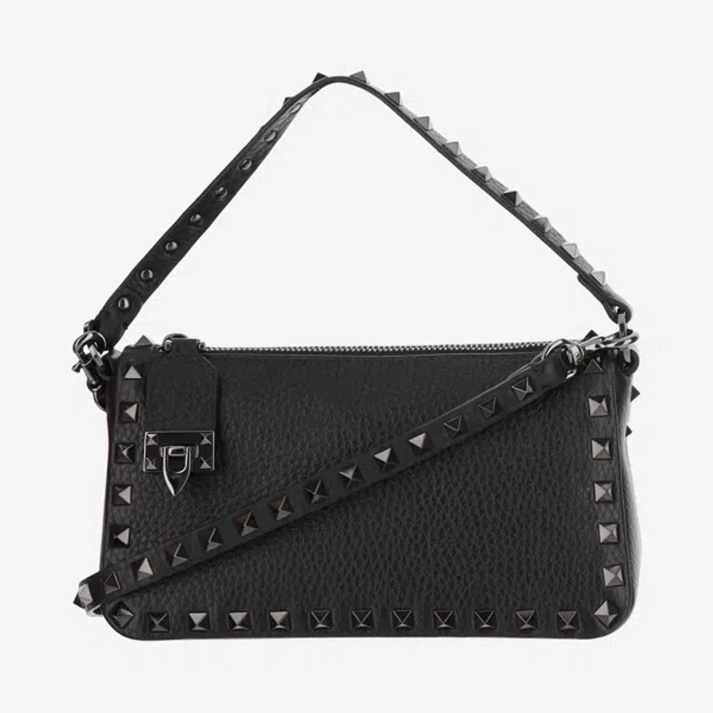 VALENTINO GARAVANI Garnet Calfskin Rockstud Shoulder Bag Small In Black Product Image