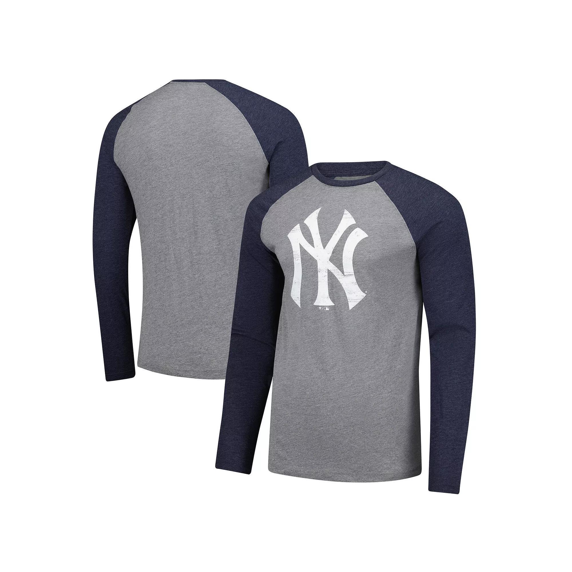 Men's Fanatics Heather Gray/Heather Navy New York Yankees Weathered Logo Tri-Blend Raglan Long Sleeve T-Shirt, Size: Small, Grey Product Image