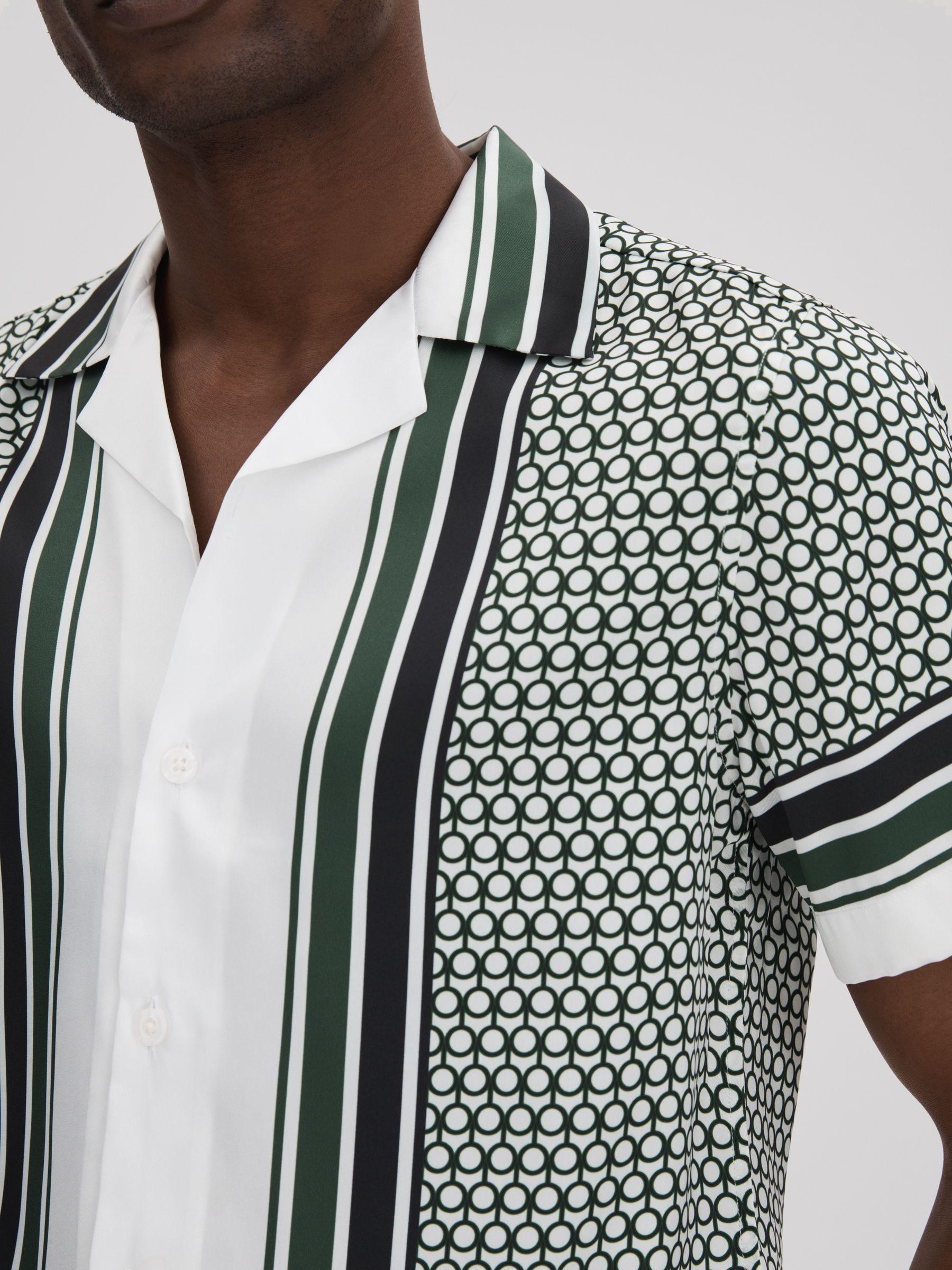 Geometric Print Cuban Collar Shirt in White/Green Product Image