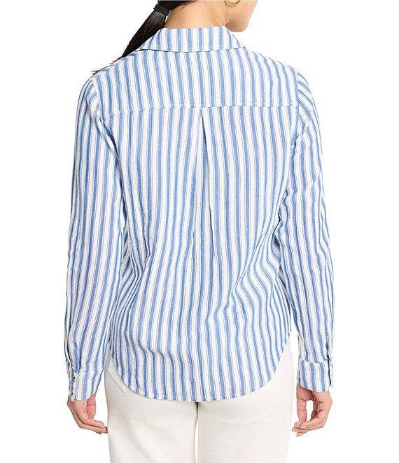 NIC + ZOE Double Gauze Stripe Print Point Collar Long Sleeve Button Front Shirt Product Image