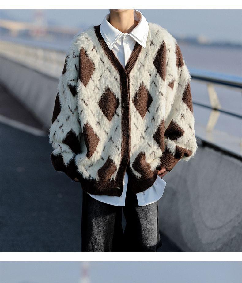 Argyle V-Neck Oversized Fluffy Cardigan Product Image