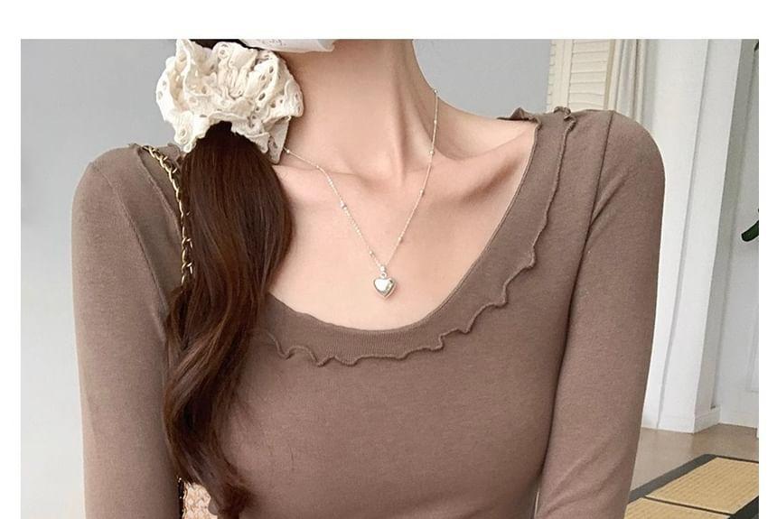 Long Sleeve Plain Ruffled-Trim Plain Slim-Fit Crop Top Product Image