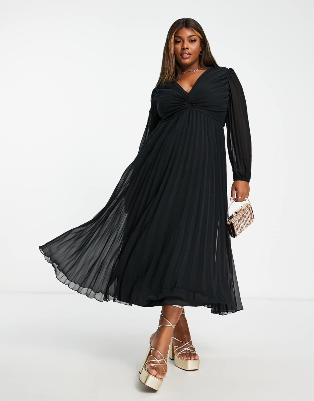 ASOS DESIGN Curve pleated bodice plunge neck midi dress Product Image