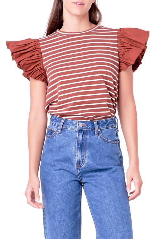 English Factory Stripe Knit with Poplin Puff Sleeve Top (Navy/Red) Women's Clothing Product Image