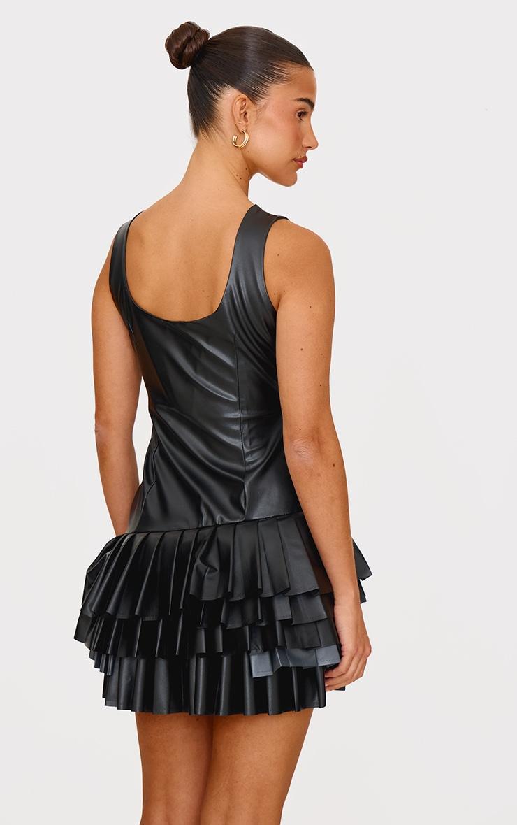 Black Faux Leather Pleated Asymmetric Mini Dress Product Image