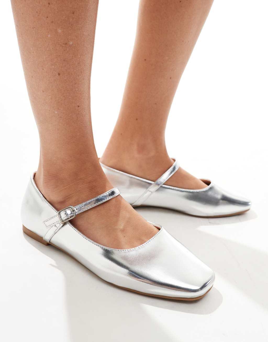 SEQWL Wide Fit buckle strap ballet flats in silver Product Image