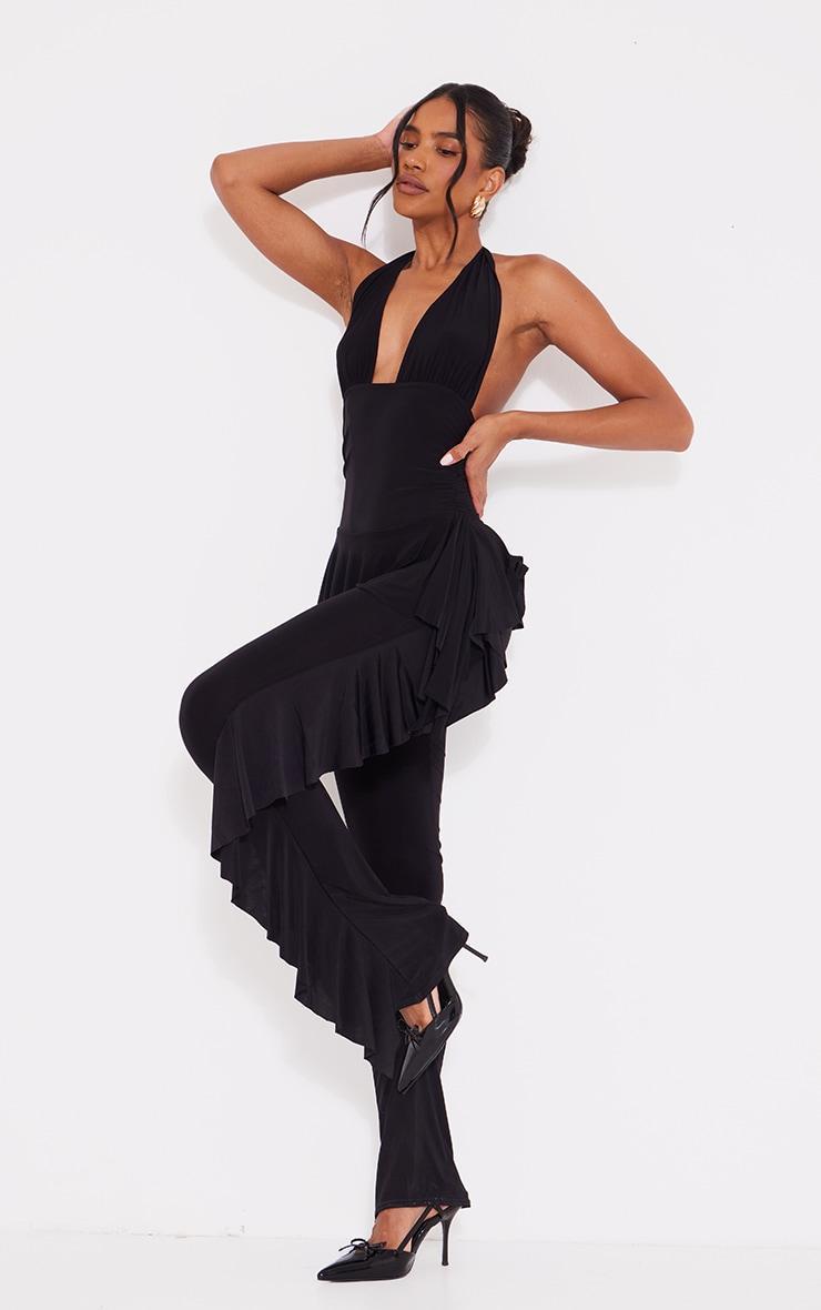 Black Slinky Plunge Frill Drape Jumpsuit Product Image