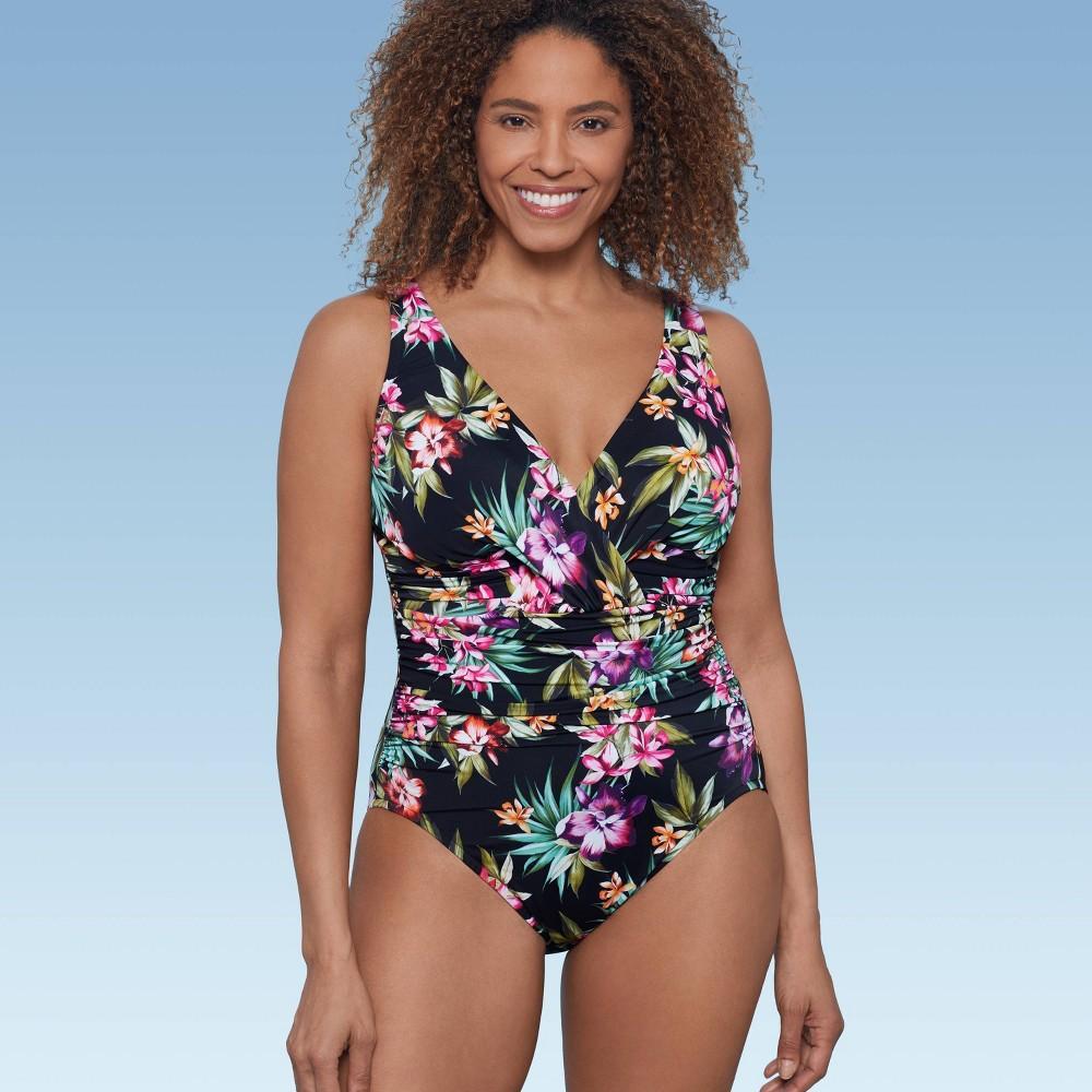 Womens UPF 50 V-Neck Ruched One Piece Swimsuit - Shape + Style by Aqua Multi Floral Print 12 Product Image