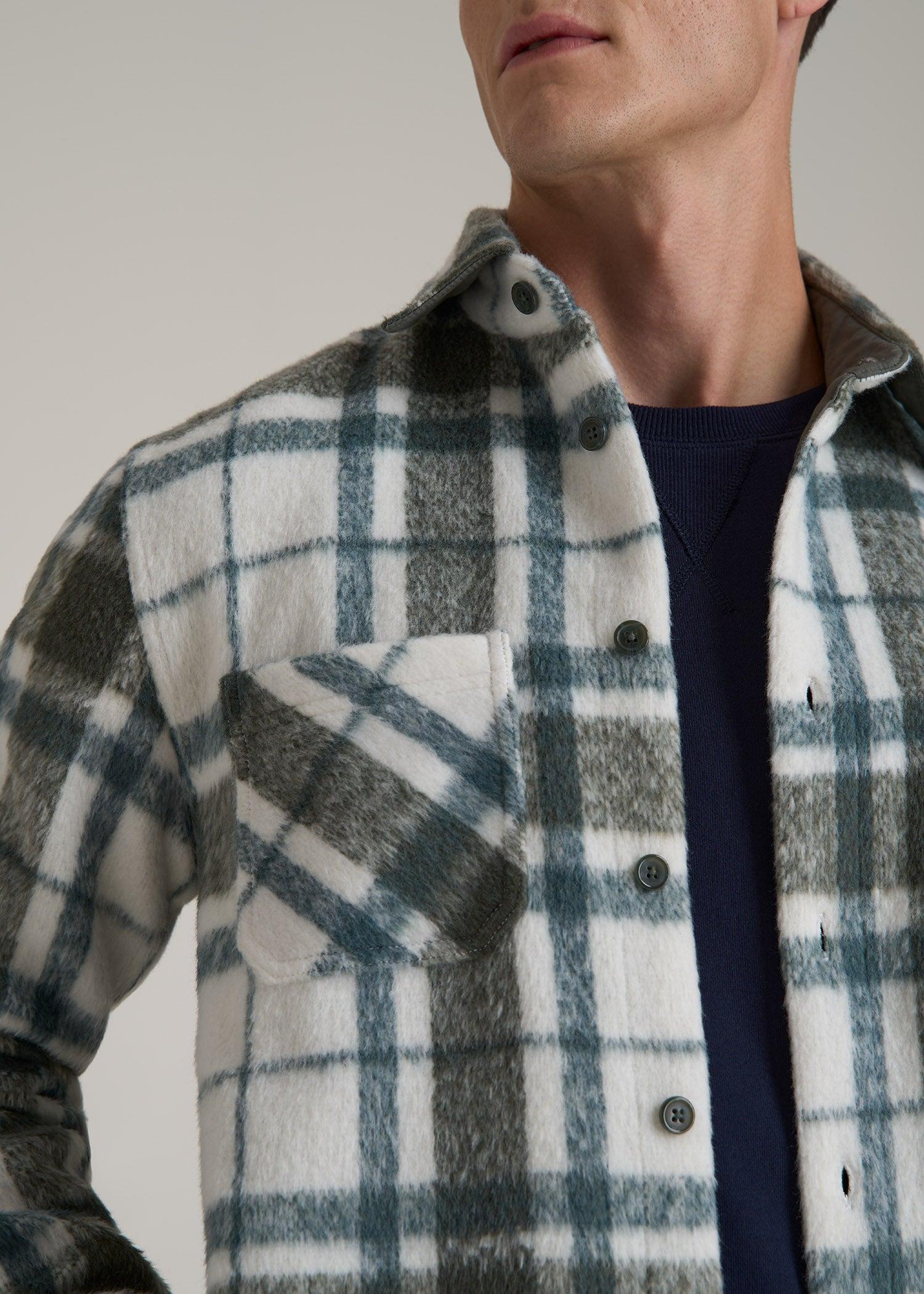 Brushed Flannel Overshirt for Tall Men in Ecru and Green Plaid Male Product Image