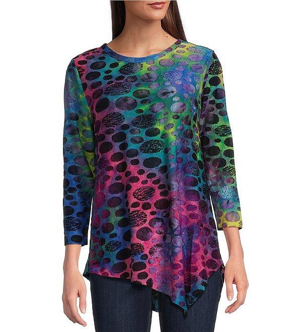 Calessa Petite Size Burnout Tie-Dye Knit Crew Neck 3/4 Sleeve Asymmetrical Top Product Image