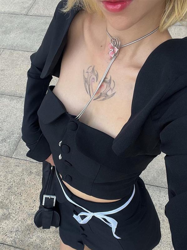 Black Button Bandeau Smock & Mini Skirt Set Product Image