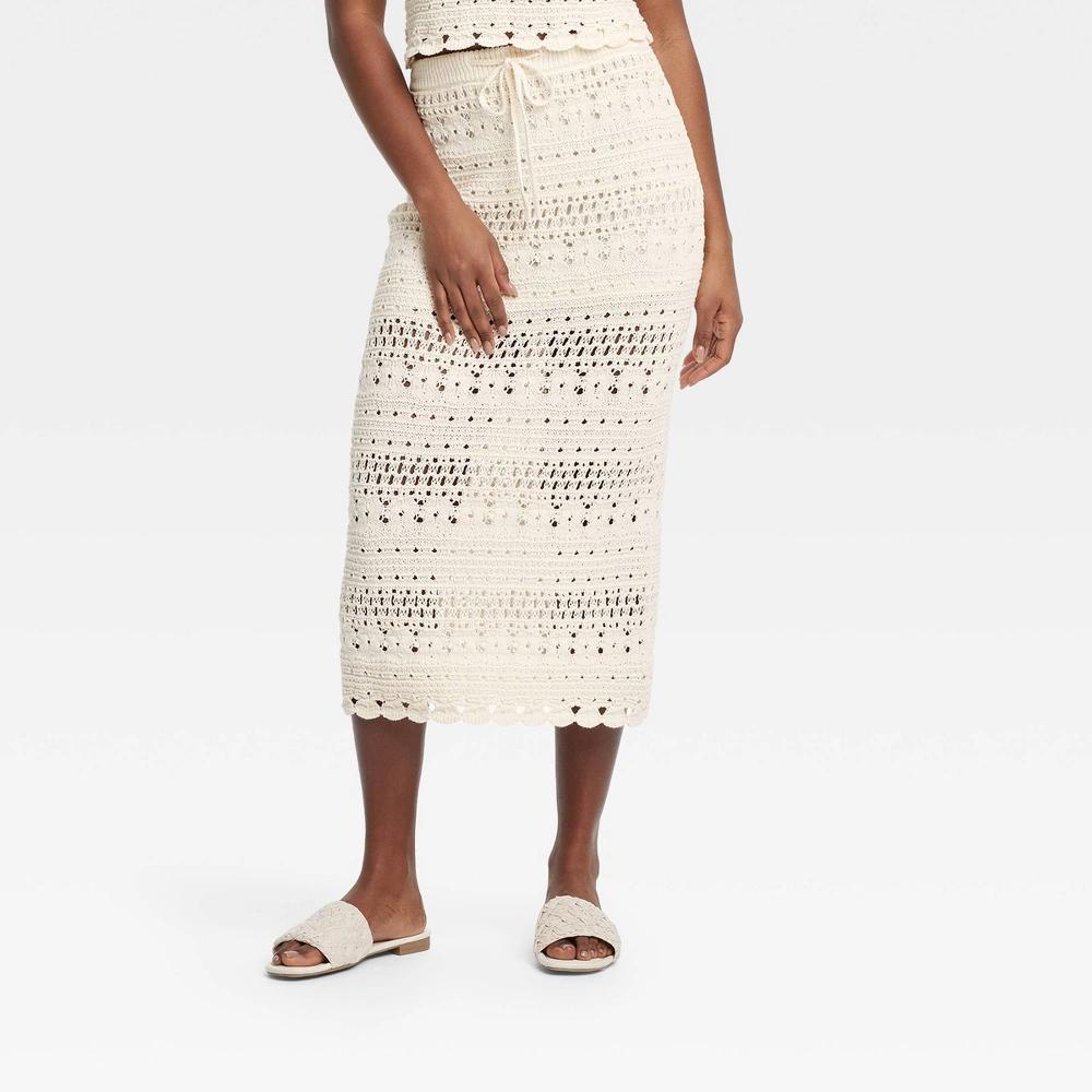 Women's Openwork Midi Sweater Skirt - Universal Thread™ Cream 4X: Cotton Blend, Scalloped Hem, Drawstring Waistband, Plus Size Product Image
