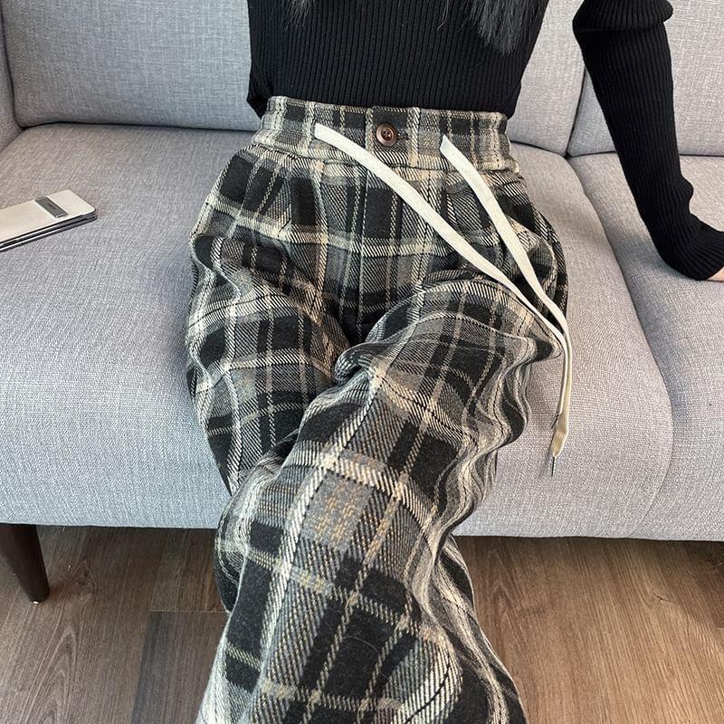 Drawstring Waist Plaid Wide Leg Pants (Various Designs) Product Image