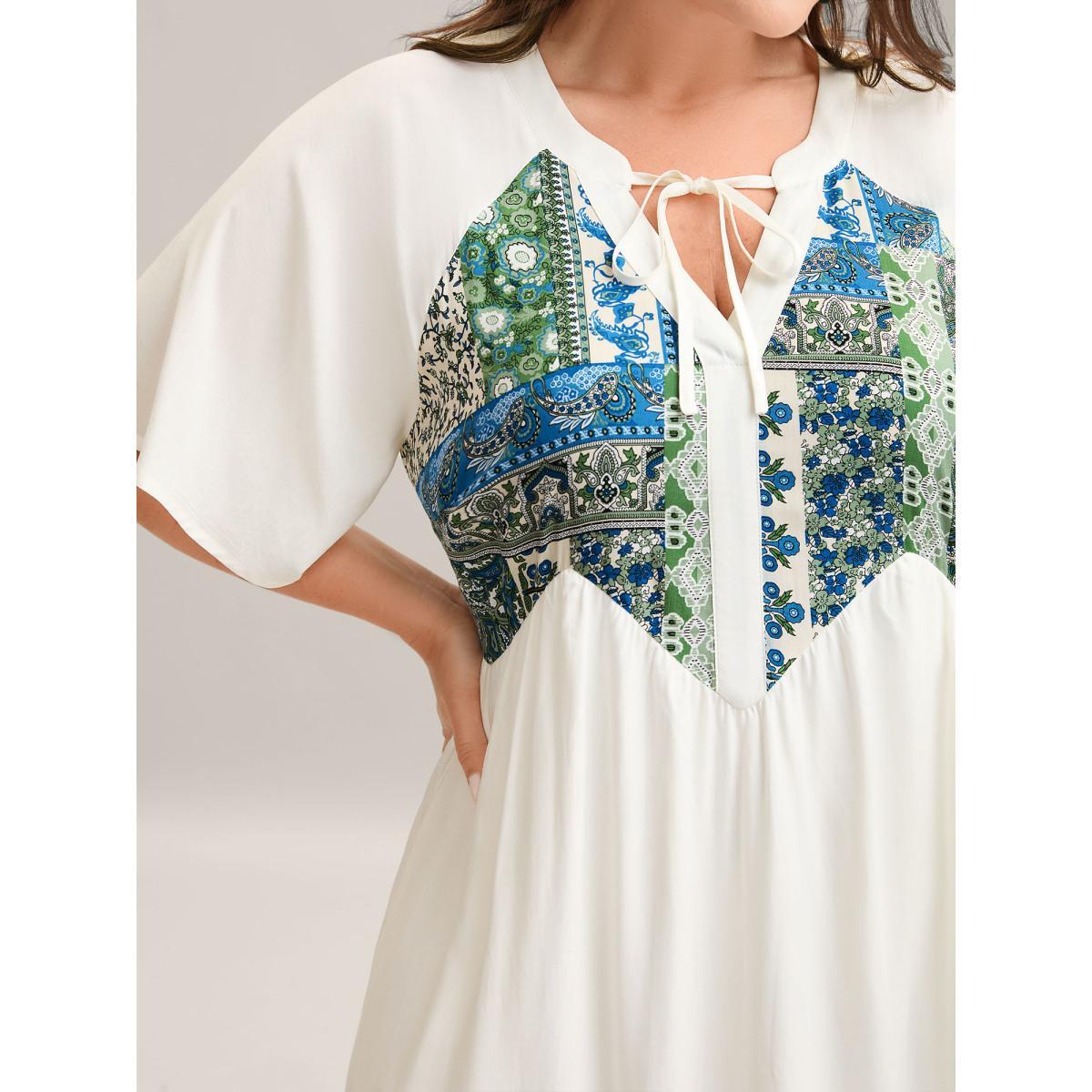 Plus Size Rayon Boho Print Asymmetrical Waist Midi Dress Skyblue Women Boho Non Sleeveless Curvy BloomChic 12/L Product Image