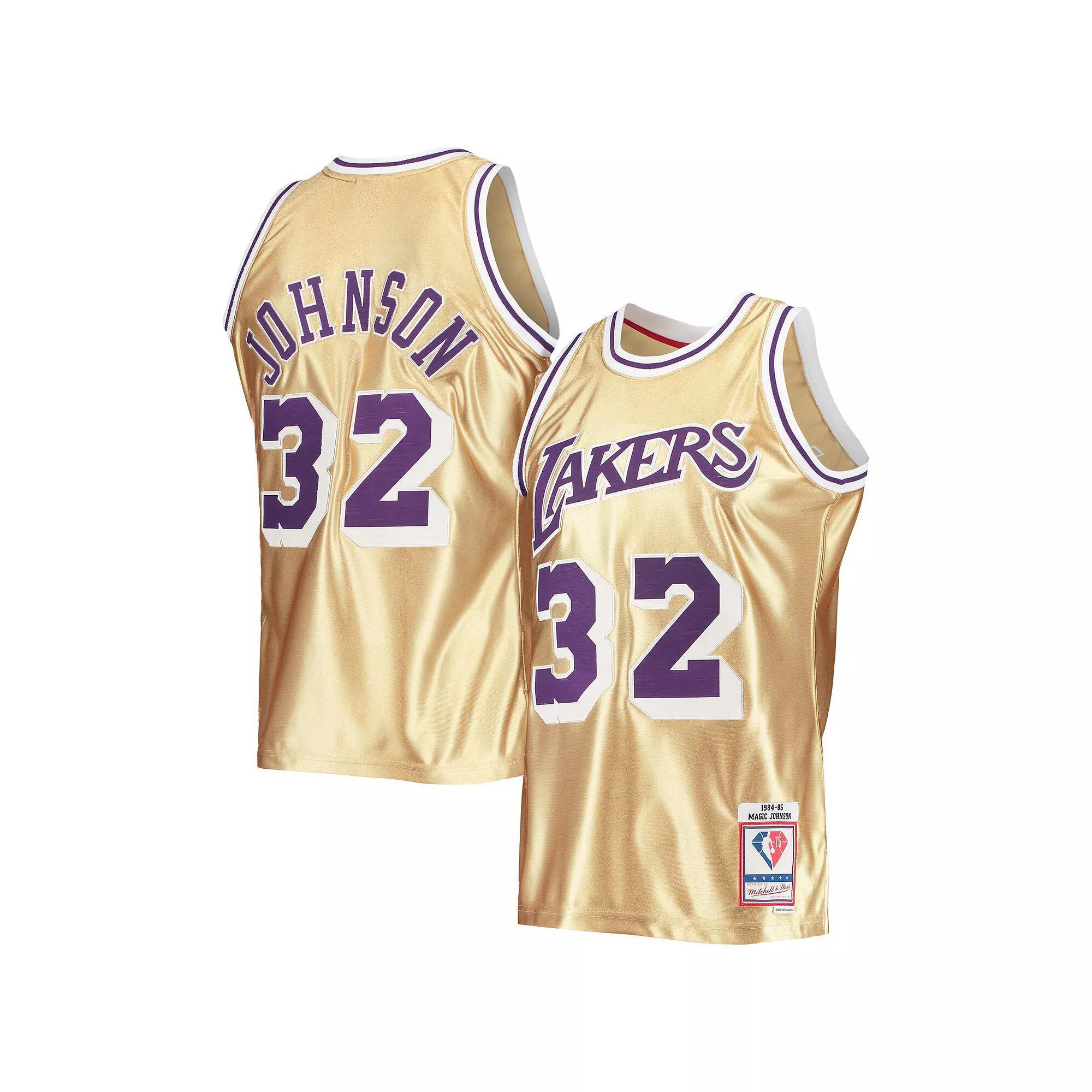 Men's Mitchell & Ness Magic Johnson Gold Los Angeles Lakers 75th Anniversary 1984/85 Hardwood Classics Swingman Jersey, Size: Small Product Image