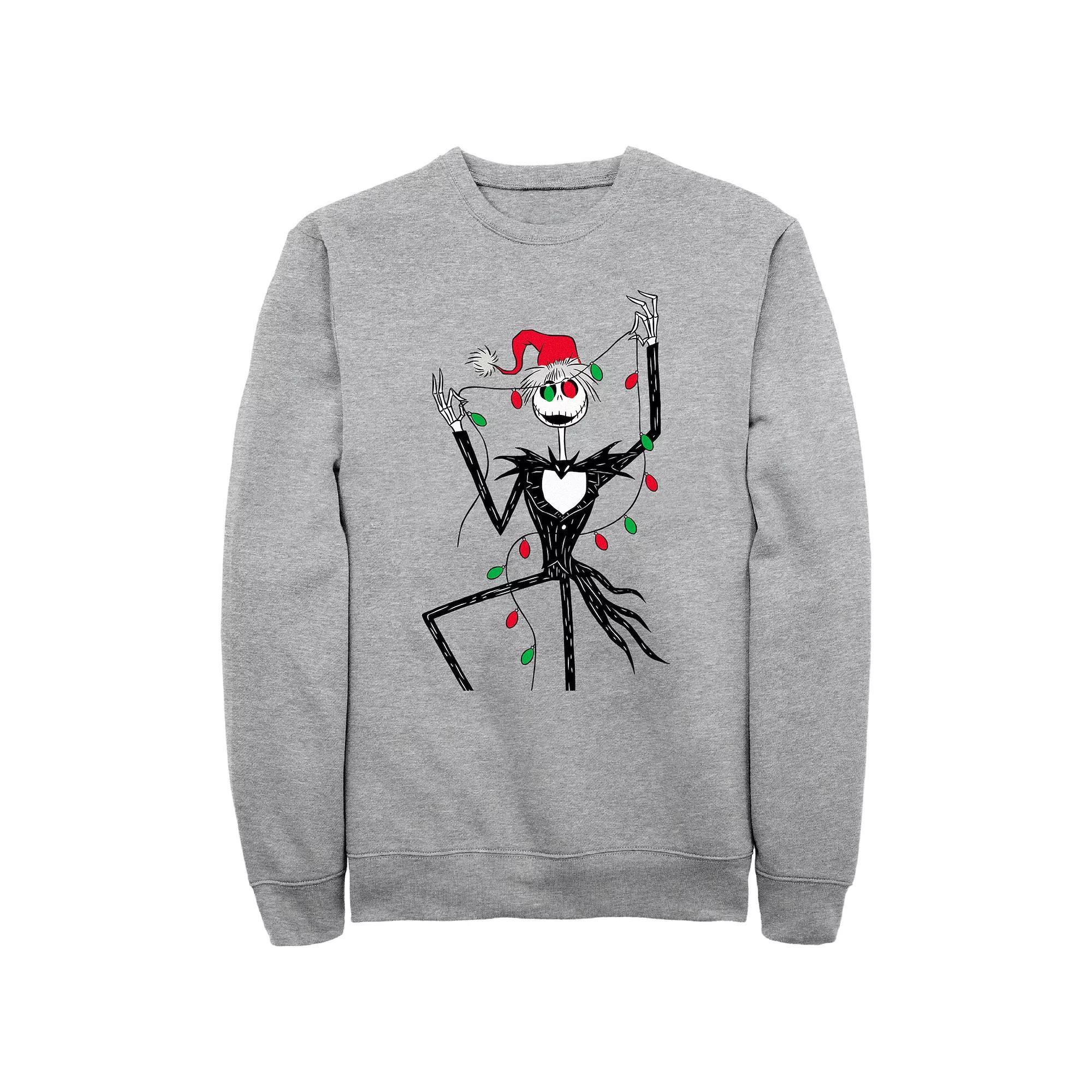 Men's Nightmare Before Christmas Jack Red And Green Christmas Lights Sweatshirt, Size: Small, Athletic Grey Product Image