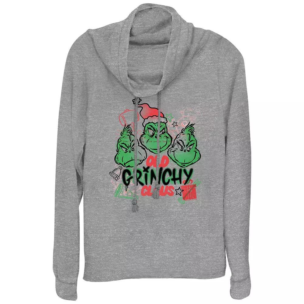 Women's Dr. Seuss Old Grinchy Claus Cowlneck Graphic Lightweight Long Sleeve, Size: XL, Gray Grey Product Image