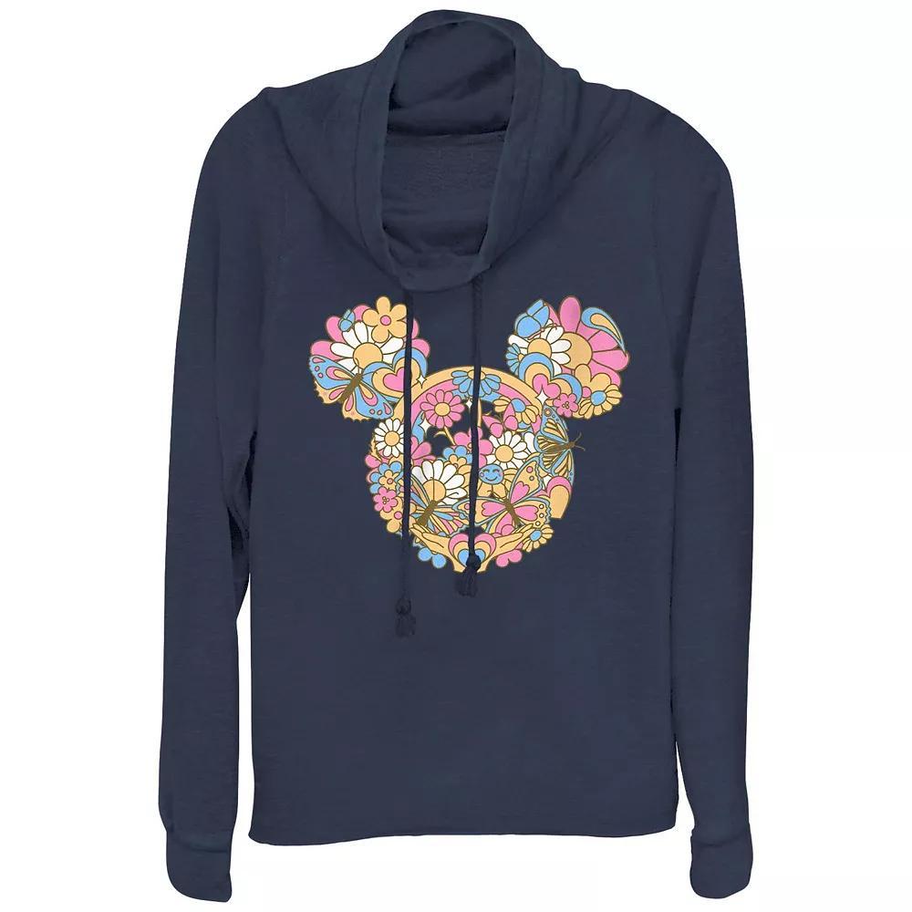 Disney's Mickey Mouse Flowers And Butterflies Women's Cowlneck Graphic Lightweight Long Sleeve, Size: XS, Blue Product Image