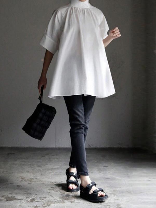 Half Sleeves Loose Solid Color High Neck Blouses&Shirts Tops Product Image