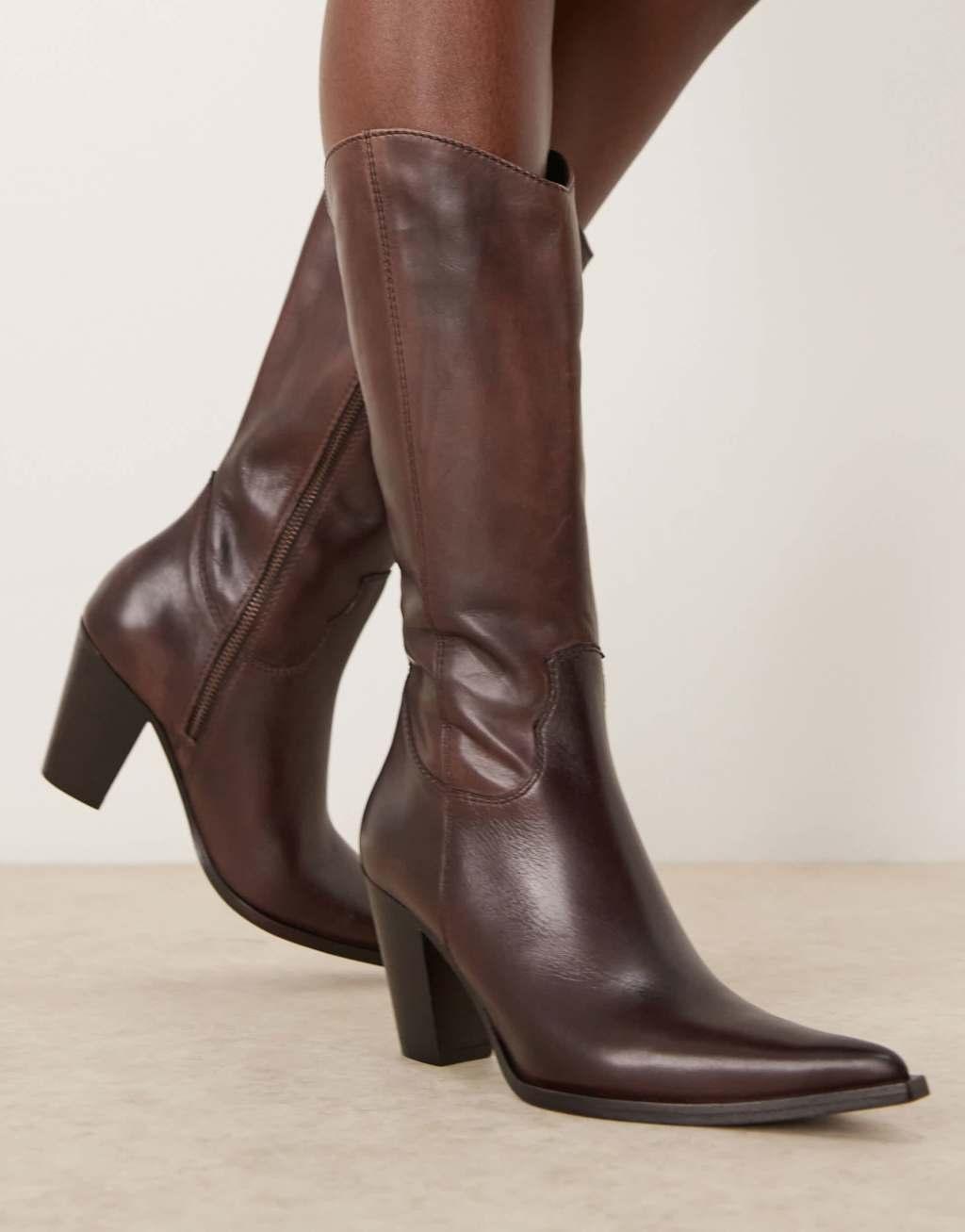 Free People pointed toe leather mid heel western boots in deep brown Product Image