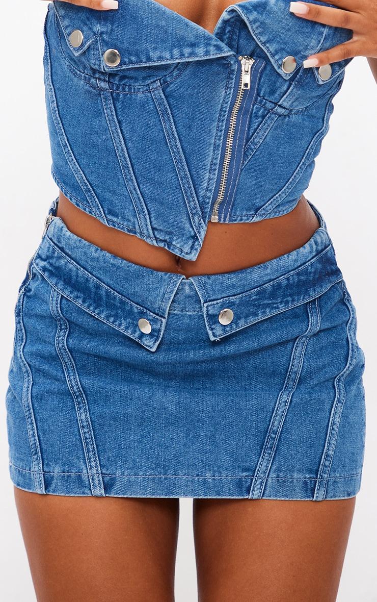  Mid Blue Wash Biker Waistband Detail Denim Mini Skirt Product Image