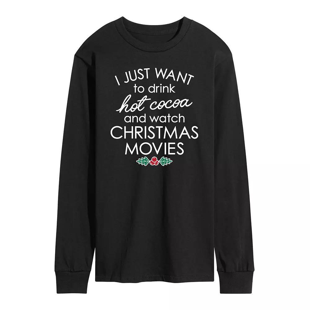 Men's Hot Cocoa and Christmas Movies Long Sleeve Tee, Size: XXL, Black Product Image