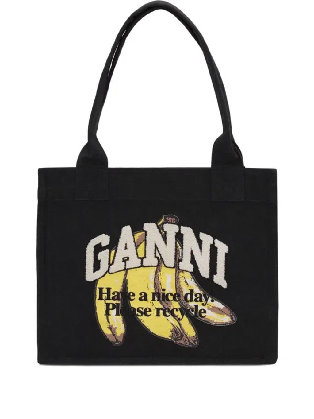 GANNI Banana Print Large Tote Bag In Black Product Image