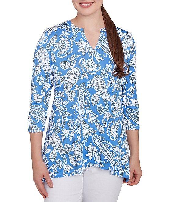 Ruby Rd. Jacobean Paisley Puff Split V-Neck 3/4 Sleeve Top Product Image