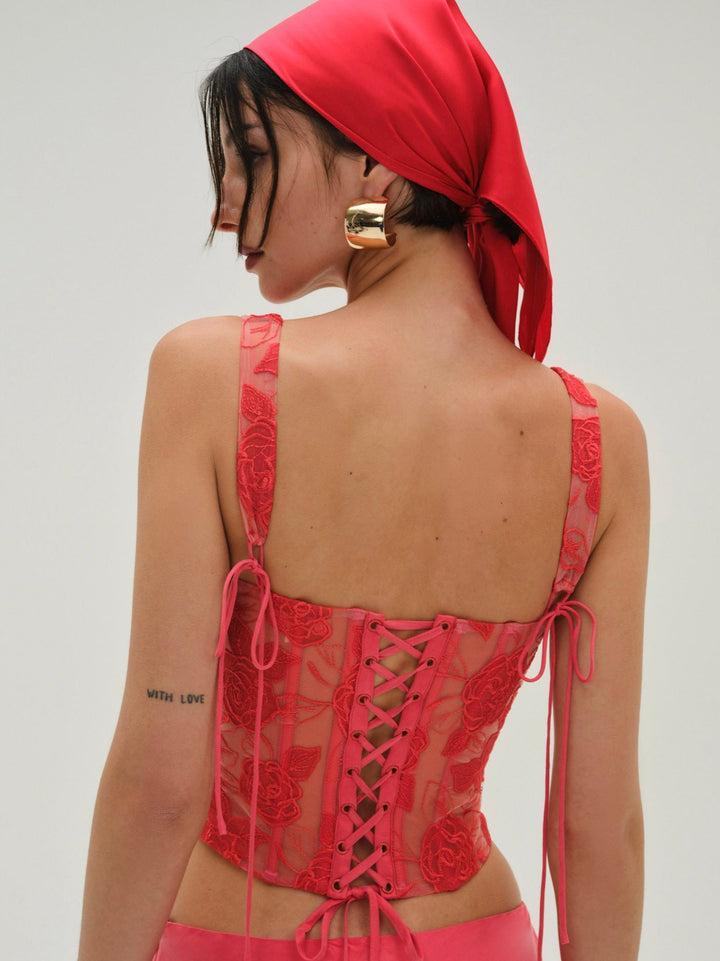 Embroidered Roses Corset Top — Red Product Image