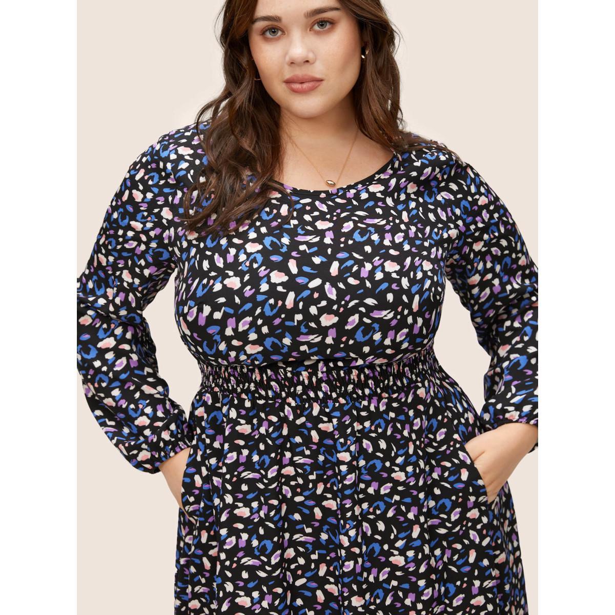 Plus Size Colored Leopard Print Elastic Cuffs Shirred Dress Black Women Elegant Non Round Neck Long Sleeve Curvy Knee Dress BloomChic 10/M Product Image