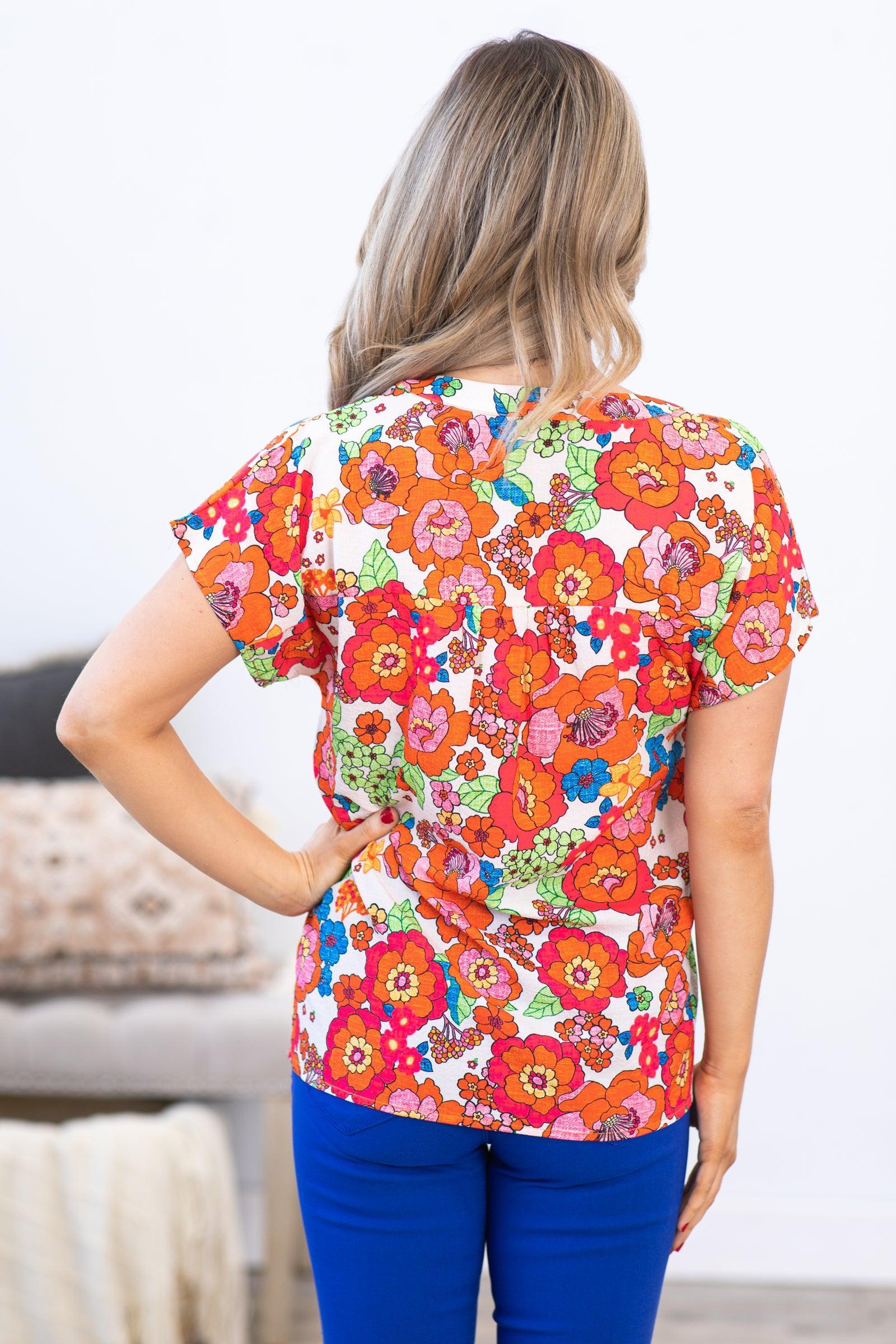 Orange Multicolor Floral Notch Neck Top Product Image