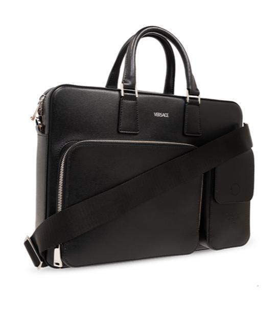 VERSACE Logo-debossed Leather Briefcase In Black Product Image