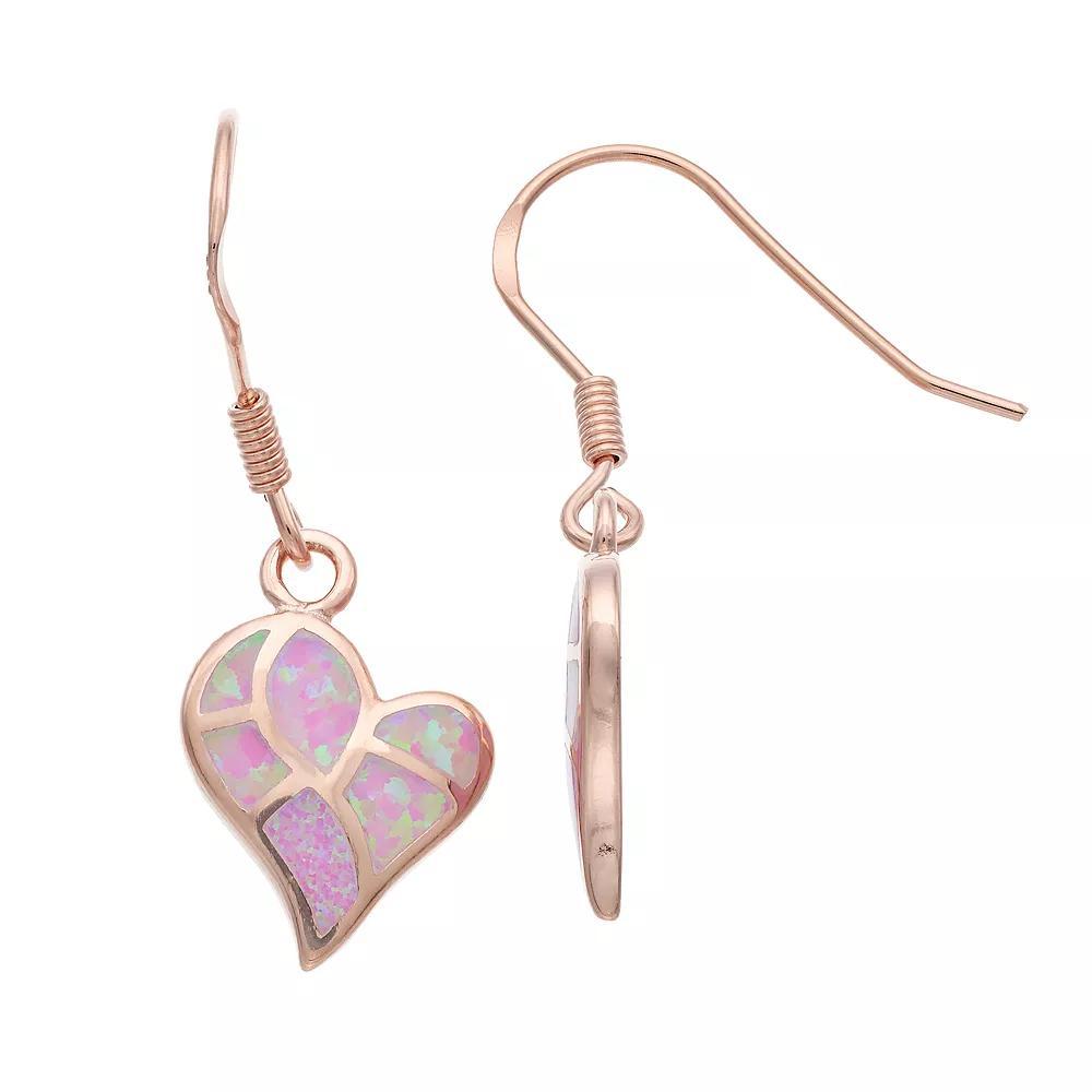 14k Rose Gold Over Silver Lab-Created Pink Opal Heart Drop Earrings, Women's, Pink Tone Product Image